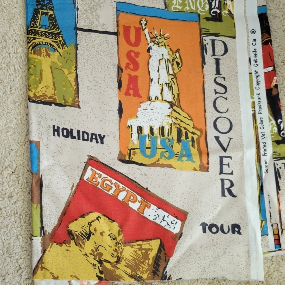 Vintage Gabrielle Cie Fabric 108x46 Travel Global Print Vat Preshrunk Mid Centry